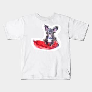 Cute Black And White Bulldog Puppy On A Red Cusion Digital Portrait Kids T-Shirt